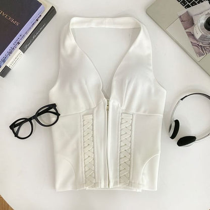 Halter Neck Zip-Up Crop Top with Lace-Up Details
