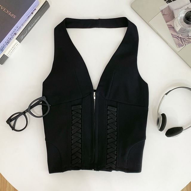 Halter Neck Zip-Up Crop Top with Lace-Up Details