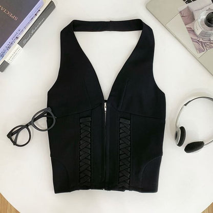 Halter Neck Zip-Up Crop Top with Lace-Up Details