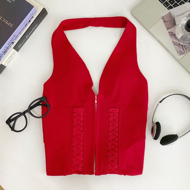 Halter Neck Zip-Up Crop Top with Lace-Up Details