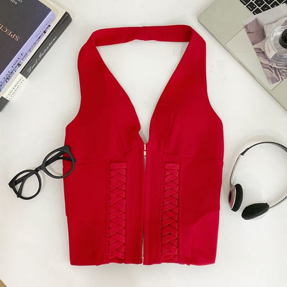 Halter Neck Zip-Up Crop Top with Lace-Up Details
