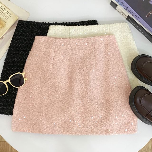 Tweed Sequin High-Waist Mini Skirt