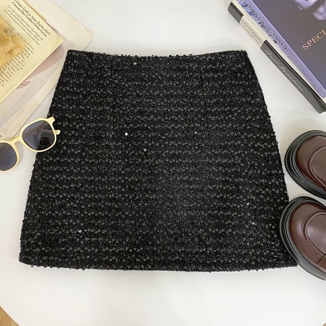 Tweed Sequin High-Waist Mini Skirt