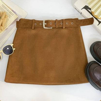 Faux Suede Mid-Waist Solid Mini Skirt with Belt
