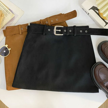 Faux Suede Mid-Waist Solid Mini Skirt with Belt