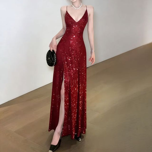 Spaghetti Strap Sequin A-Line Evening Gown