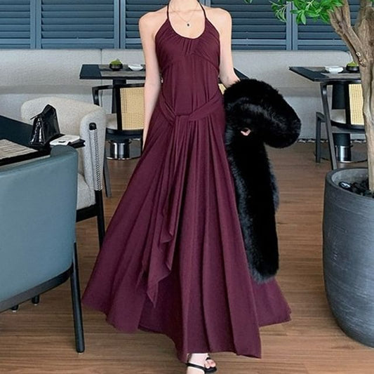 Halter Neck Plain Maxi A-Line Dress