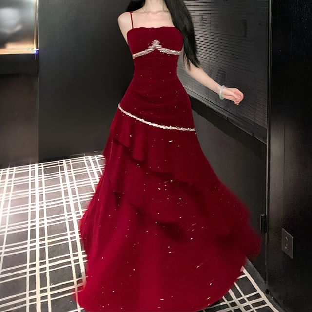 Spaghetti Strap Glitter Asymmetrical A-Line Evening Gown