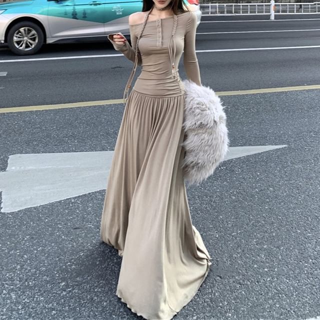 Long-Sleeve Off Shoulder Plain Maxi A-Line Dress
