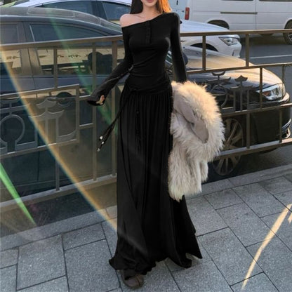 Long-Sleeve Off Shoulder Plain Maxi A-Line Dress