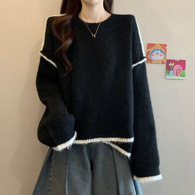 Round Neck Drop Shoulder Sweater with Contrast Trim