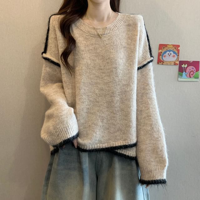 Round Neck Drop Shoulder Sweater with Contrast Trim