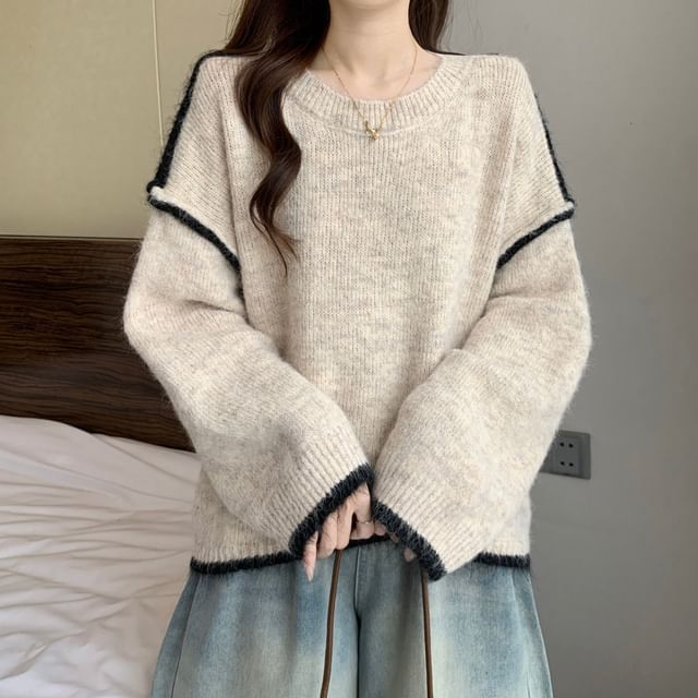 Round Neck Drop Shoulder Sweater with Contrast Trim
