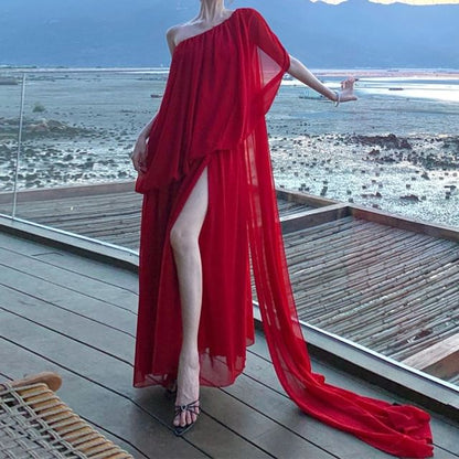 Set: Cap-Sleeve One-Shoulder Plain Slit Maxi A-Line Dress + Scarf