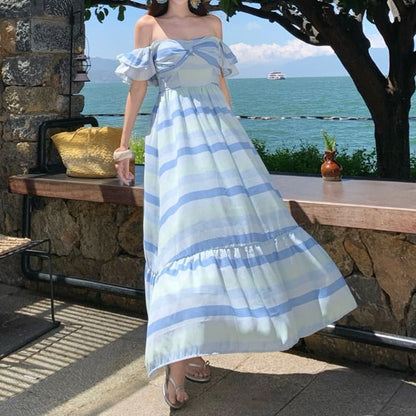 Ruffle Sleeve Off-Shoulder Color Block Maxi A-Line Dress