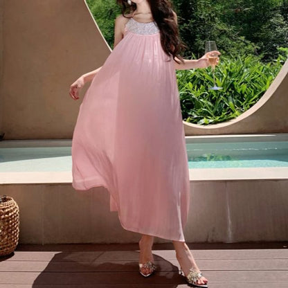 Halter Neck Sequin Panel Open Back Satin Maxi Sundress