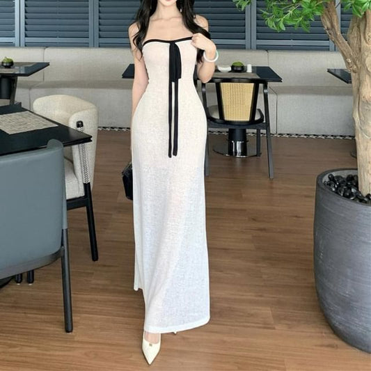 Halter Neck Contrast Trim Sheer Slit Maxi Bodycon Dress