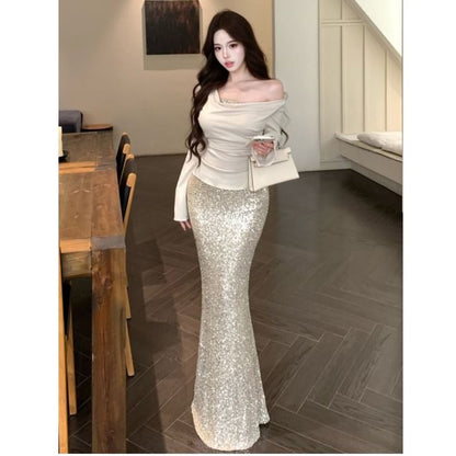 Cowl Neck Top and Sequin Maxi Pencil Skirt Set