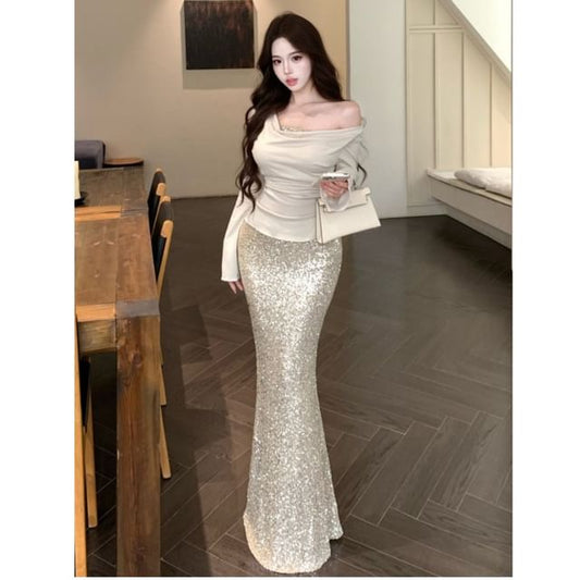 Cowl Neck Top and Sequin Maxi Pencil Skirt Set