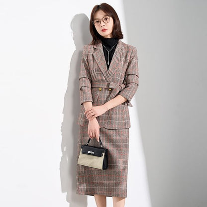 Tartan Check Blazer and Midi Pencil Skirt Set