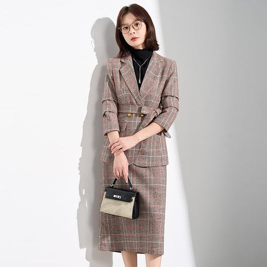 Tartan Check Blazer and Midi Pencil Skirt Set