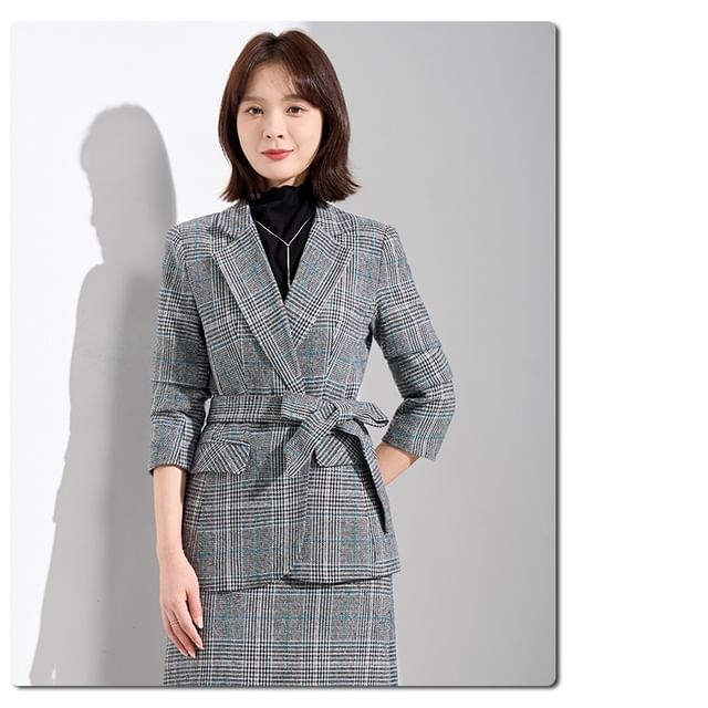 Tartan Check Blazer and Midi Pencil Skirt Set