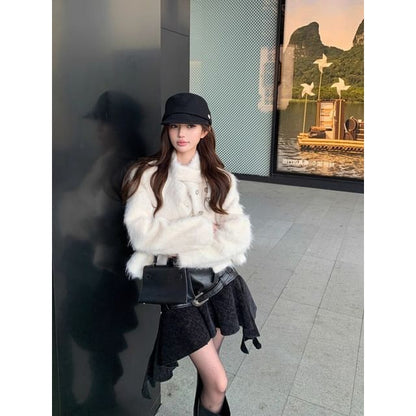 Furry Jacket and Asymmetrical Mini Skirt Set