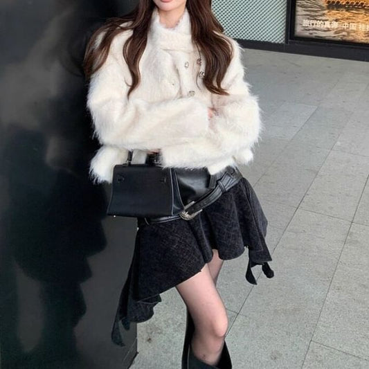 Furry Jacket and Asymmetrical Mini Skirt Set