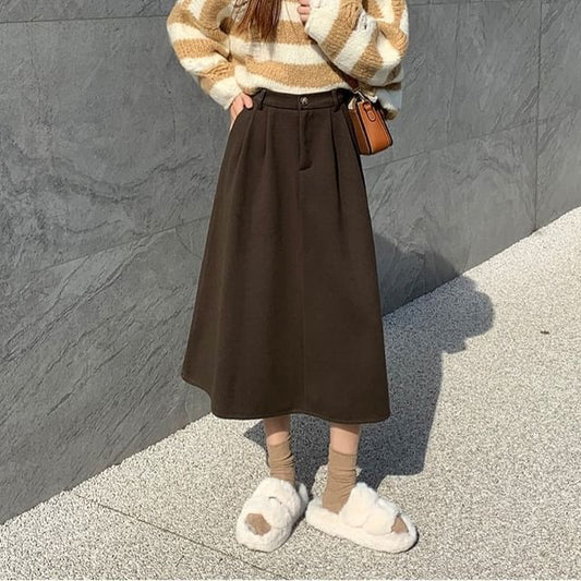Solid Color High Waist Midi A-Line Skirt