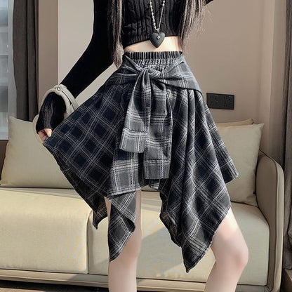 Plaid Asymmetrical Mini A-Line Skirt