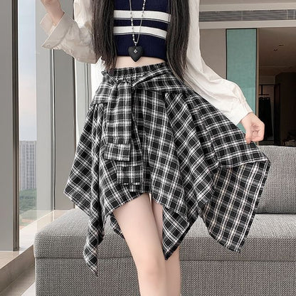 Plaid Asymmetrical Mini A-Line Skirt