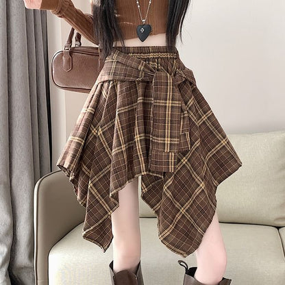 Plaid Asymmetrical Mini A-Line Skirt