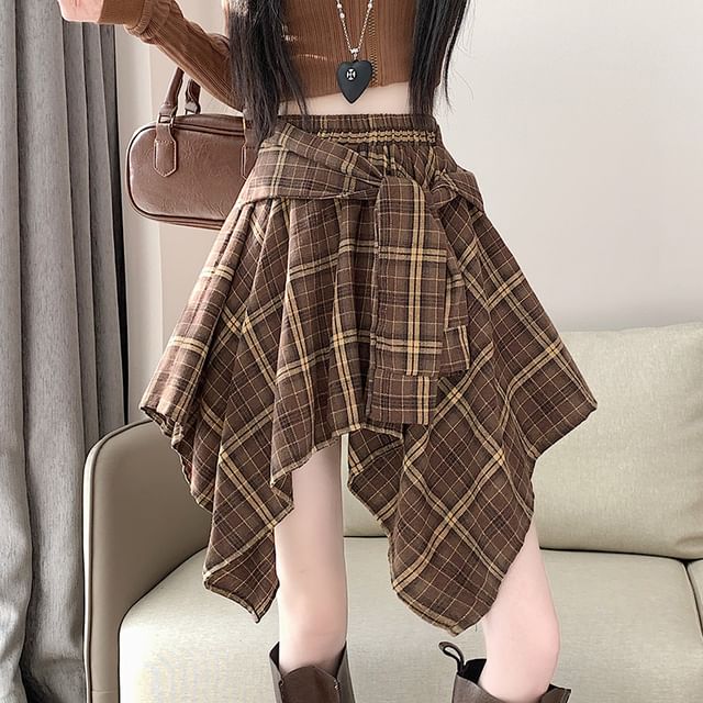 Plaid Asymmetrical Mini A-Line Skirt