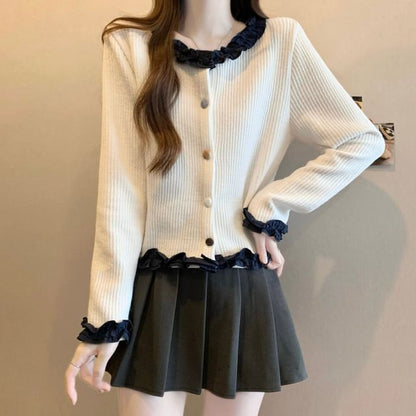 Frill Trim Button-Up Cardigan