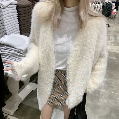 V-Neck Plain Fluffy Cardigan