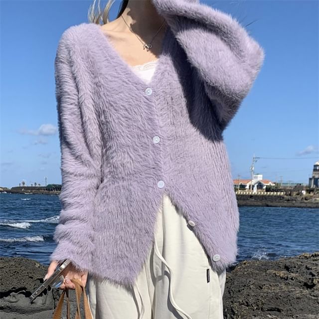 V-Neck Plain Fluffy Cardigan