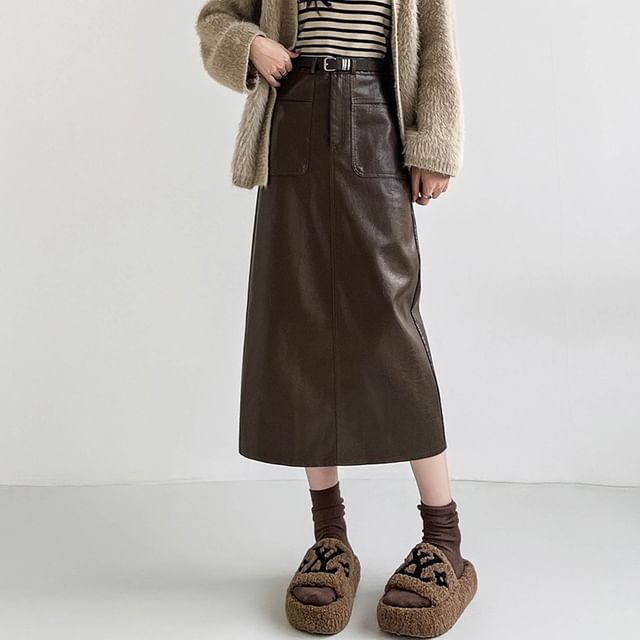 Faux Leather Midi Skirt with Belt
