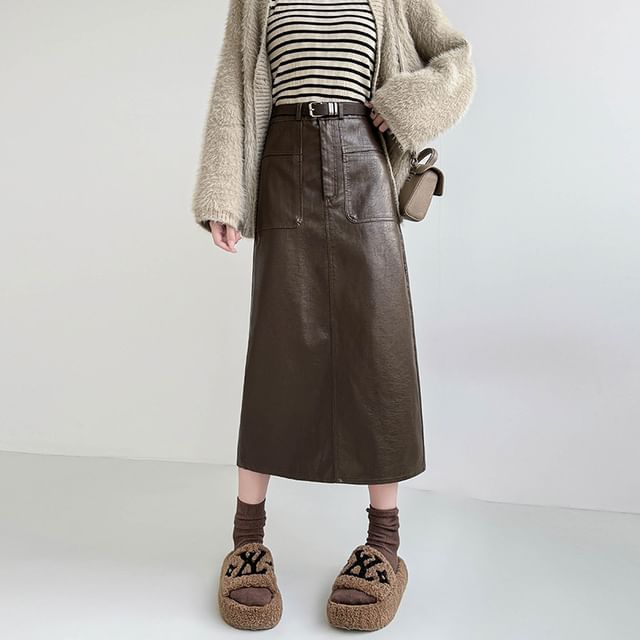Faux Leather Midi Skirt with Belt