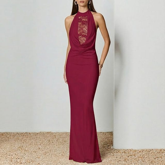 Halter Mock Neck Plain Panel Lace Maxi Sheath Dress