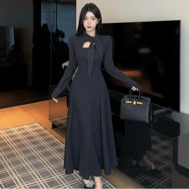 Long Sleeve Tie-Neck Plain Cutout Maxi A-Line Dress