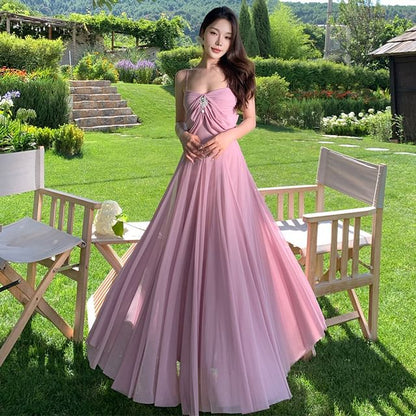 Spaghetti Strap Plain Rhinestone Accent Ruched Mesh Maxi A-Line Dress