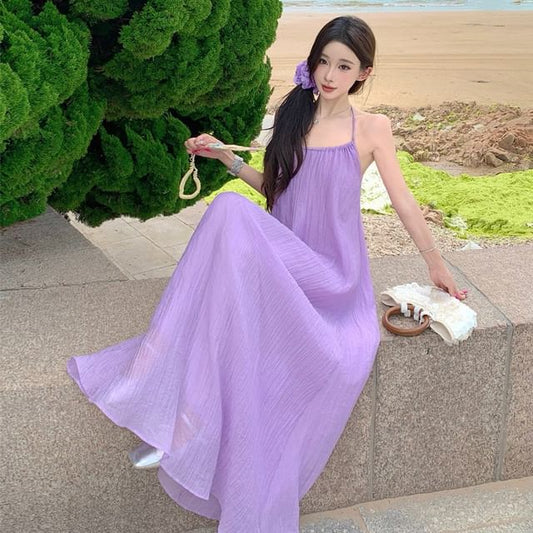 Halter Neck Plain Open Back Maxi Sundress
