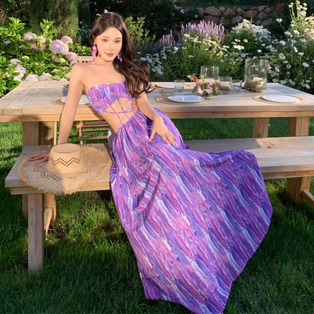 Strapless Tie Dye Cutout Maxi A-Line Dress