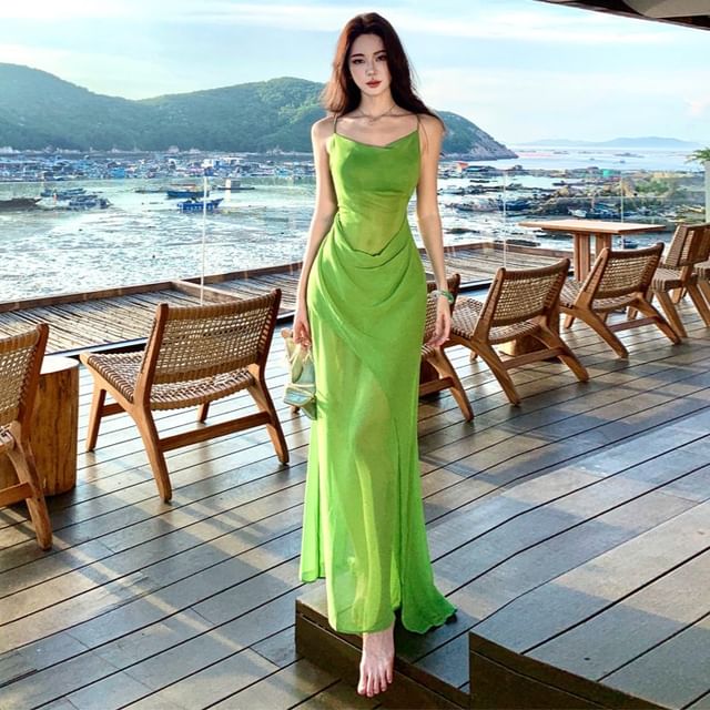 Spaghetti Strap Cowl Neck Plain Ruched Sheer Open Back Maxi Mermaid Dress