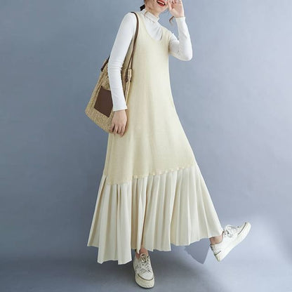 Scoop Neck Pleated Panel Maxi Overall Dress