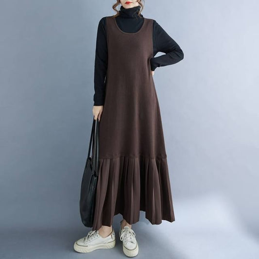 Scoop Neck Pleated Panel Maxi Overall Dress