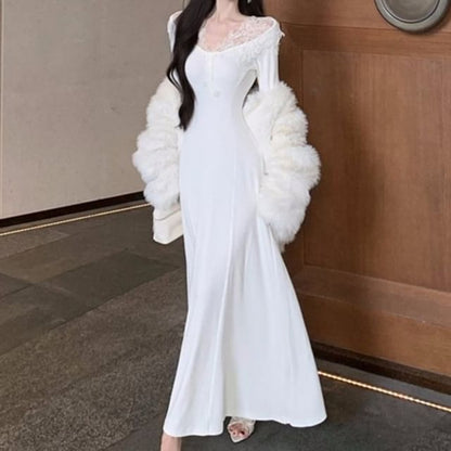 Long-Sleeve V-Neck Lace Panel Maxi A-Line Dress
