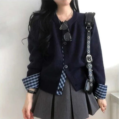 Crewneck Plaid Trim Cardigan
