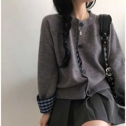 Crewneck Plaid Trim Cardigan