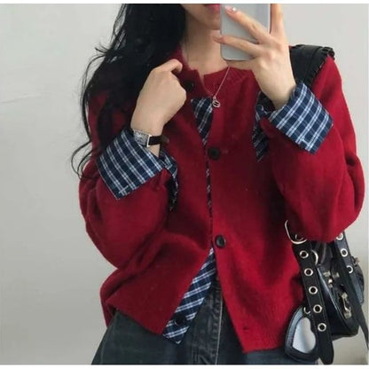 Crewneck Plaid Trim Cardigan